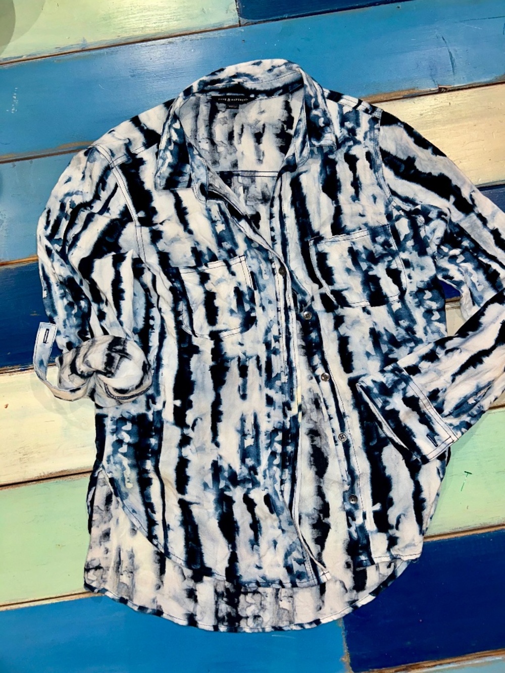 Rock & Republic Tie Dye Button Front Shirt Women's Medium Roll Tab Sleeve
